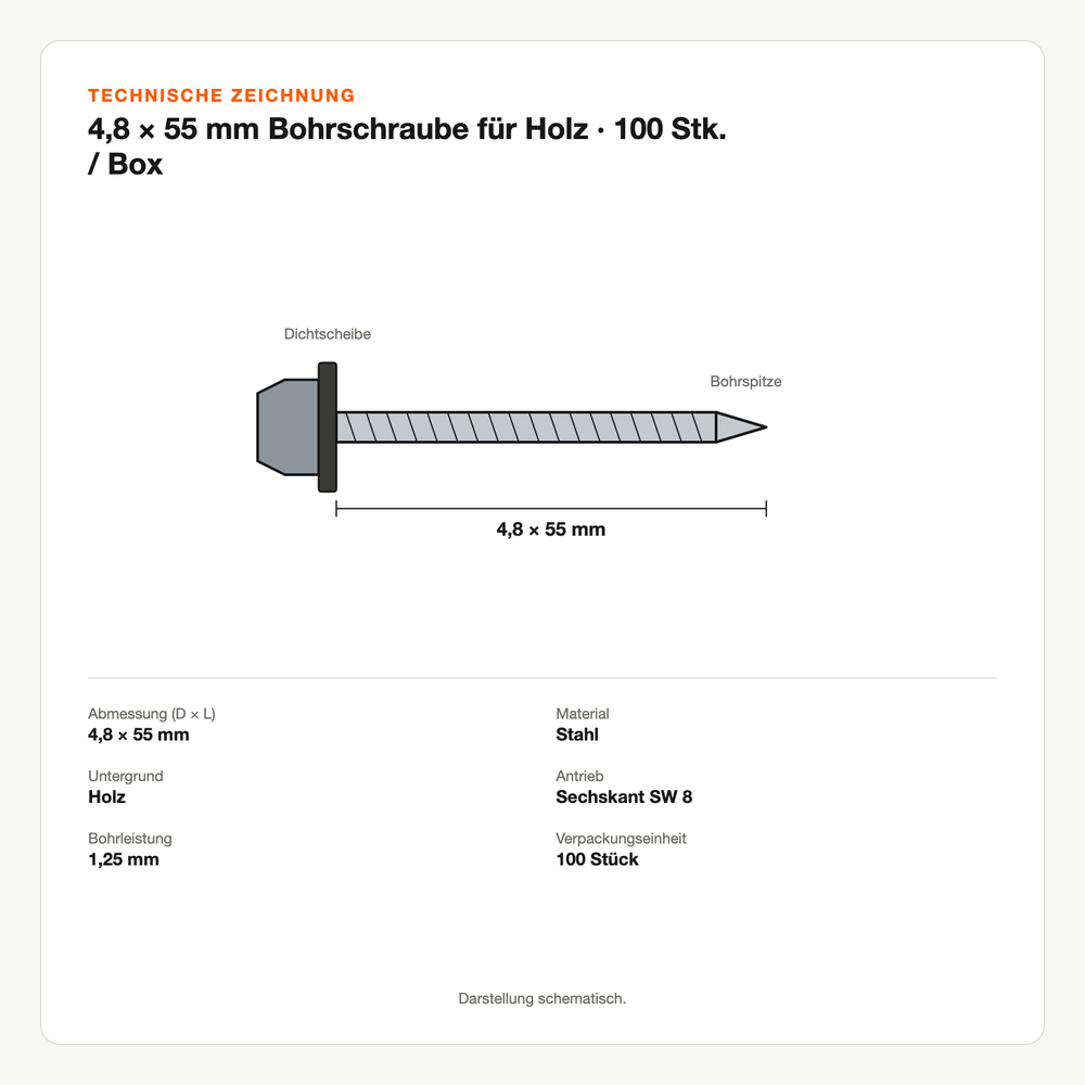 Technische Zeichnung: 4,8 × 55 mm Bohrschraube für Holz | 100 Stk. / Box