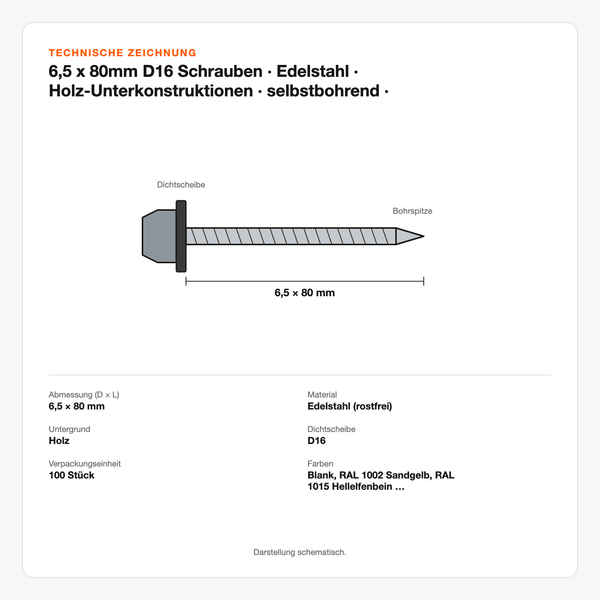 Technische Zeichnung: 6,5 x 80mm D16 Schrauben | Edelstahl | Holz-Unterkonstruktionen | selbstbohrend | 100 Stk.