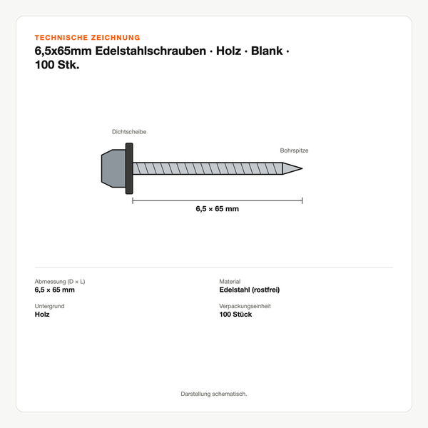 Technische Zeichnung: 6,5x65mm Edelstahlschrauben | Holz | Blank | 100 Stk.