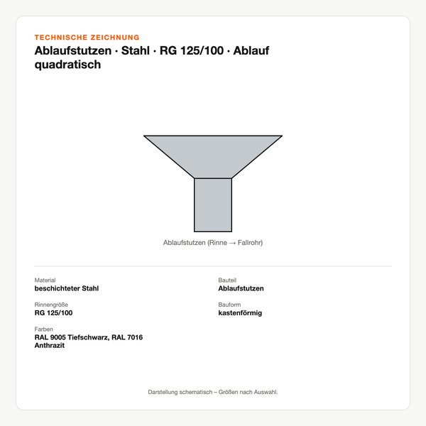 Technische Zeichnung: Ablaufstutzen | Stahl | RG 125/100 | Ablauf quadratisch