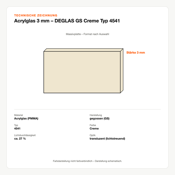 Technische Zeichnung: Acrylglas 3 mm – DEGLAS® GS Creme Typ 4541