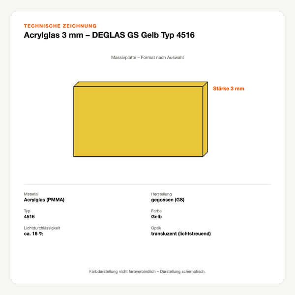 Technische Zeichnung: Acrylglas 3 mm – DEGLAS® GS Gelb Typ 4516