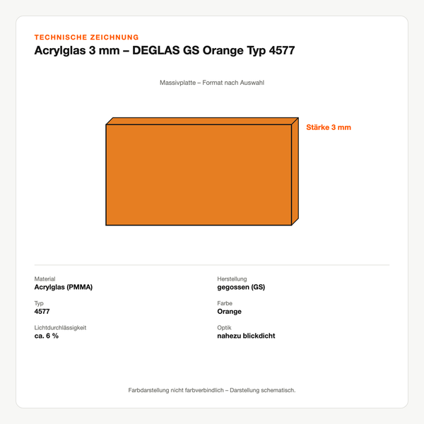 Technische Zeichnung: Acrylglas 3 mm – DEGLAS® GS Orange Typ 4577