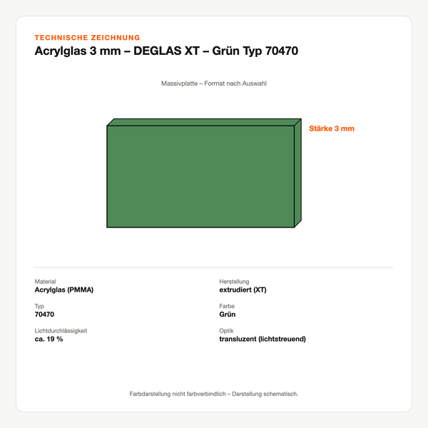 Technische Zeichnung: Acrylglas 3 mm – DEGLAS® XT – Grün Typ 70470