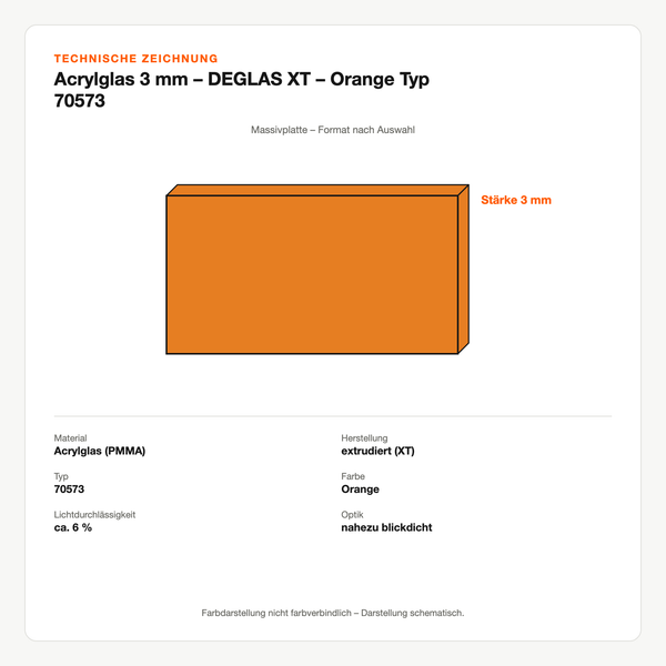 Technische Zeichnung: Acrylglas 3 mm – DEGLAS® XT – Orange Typ 70573
