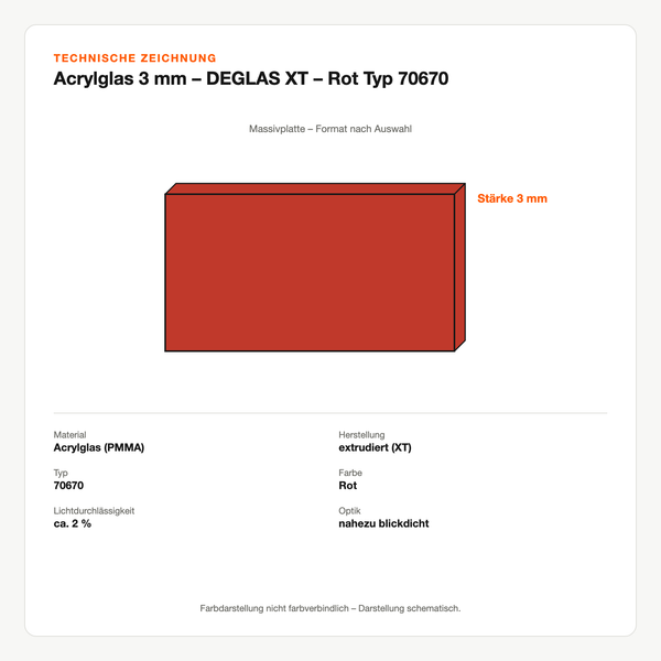 Technische Zeichnung: Acrylglas 3 mm – DEGLAS® XT – Rot Typ 70670