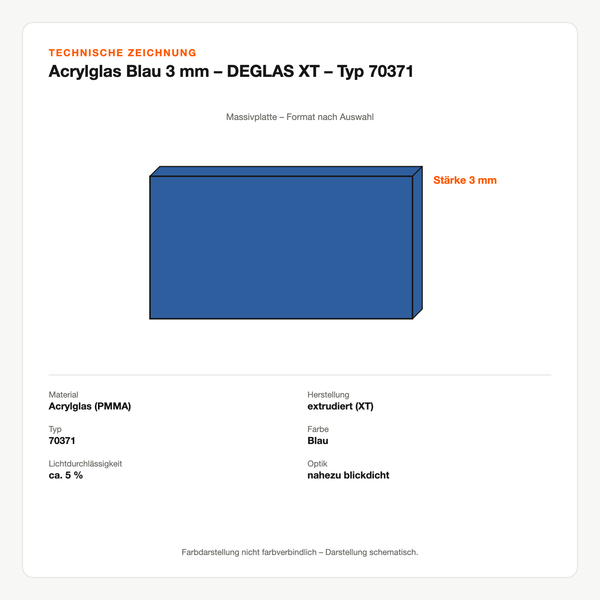 Technische Zeichnung: Acrylglas Blau 3 mm – DEGLAS® XT – Typ 70371