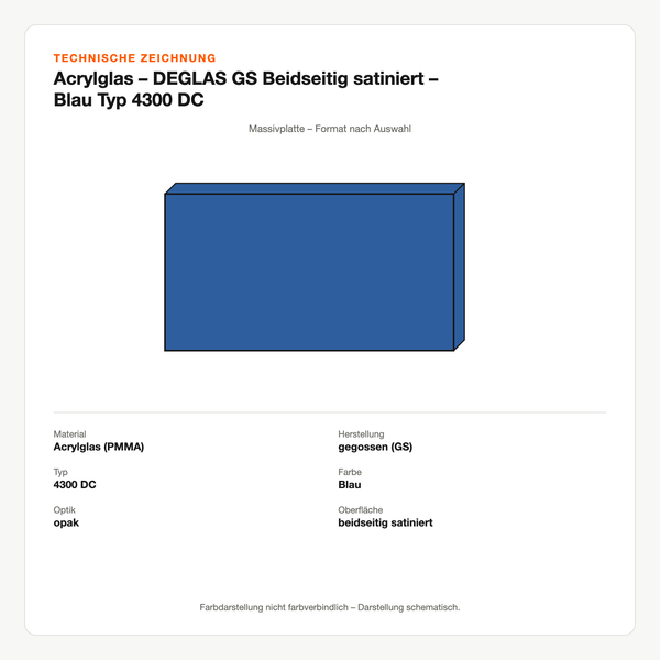 Technische Zeichnung: Acrylglas – DEGLAS® GS Beidseitig satiniert – Blau Typ 4300 DC