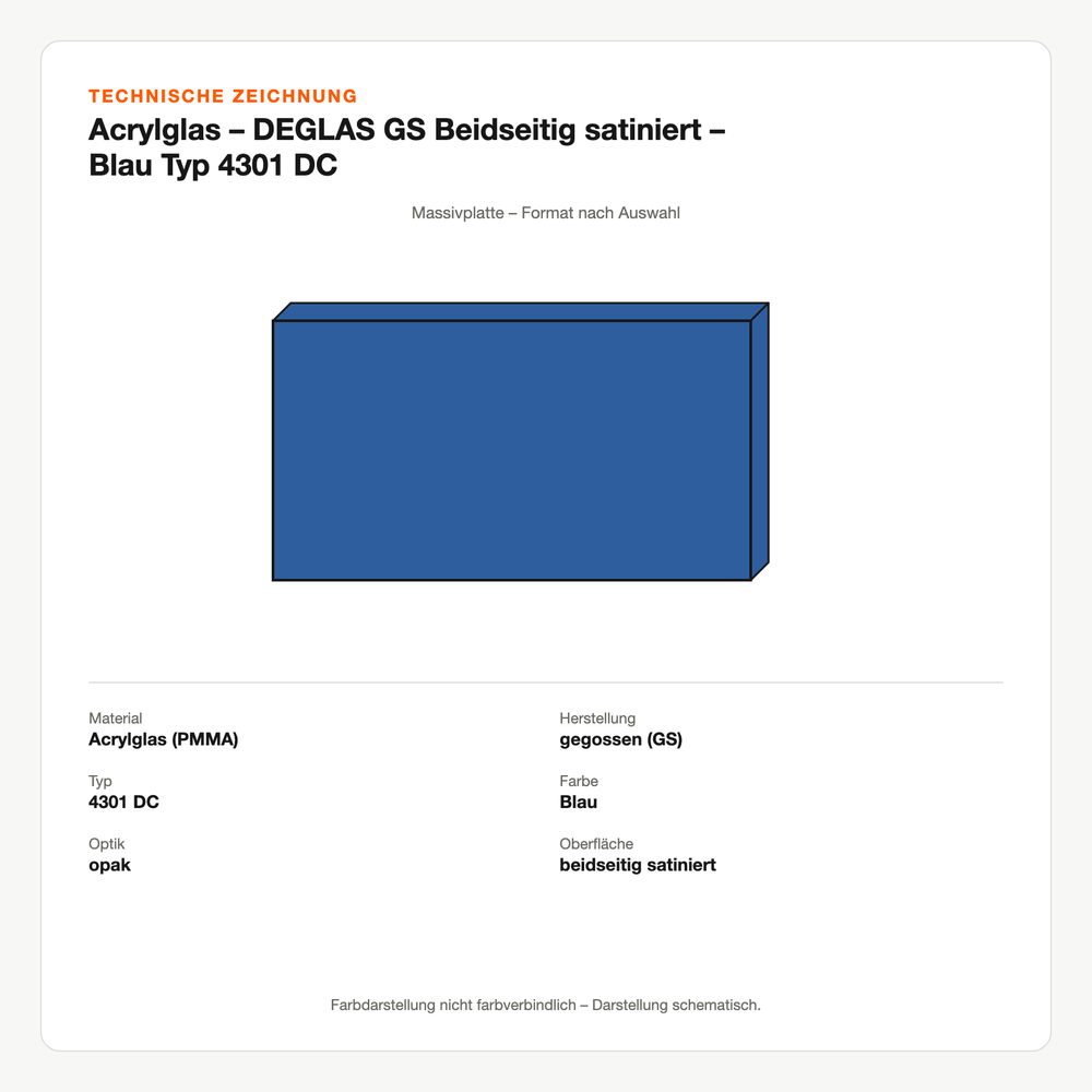 Technische Zeichnung: Acrylglas – DEGLAS® GS Beidseitig satiniert – Blau Typ 4301 DC