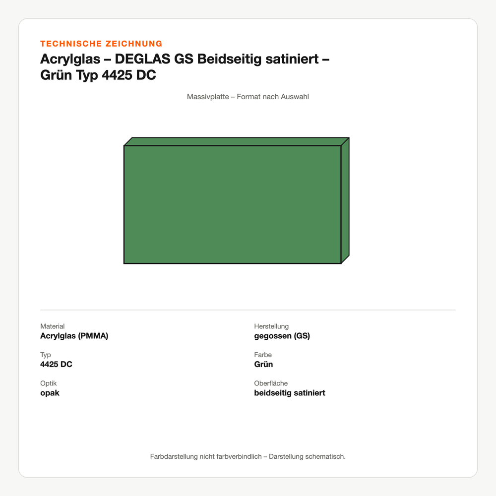 Technische Zeichnung: Acrylglas – DEGLAS® GS Beidseitig satiniert – Grün Typ 4425 DC