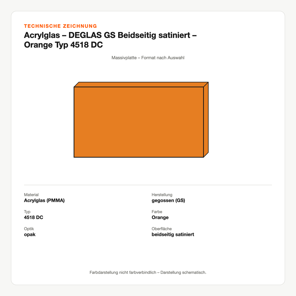 Technische Zeichnung: Acrylglas – DEGLAS® GS Beidseitig satiniert – Orange Typ 4518 DC