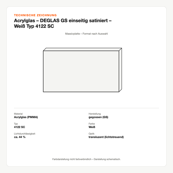Technische Zeichnung: Acrylglas – DEGLAS® GS einseitig satiniert – Weiß Typ 4122 SC