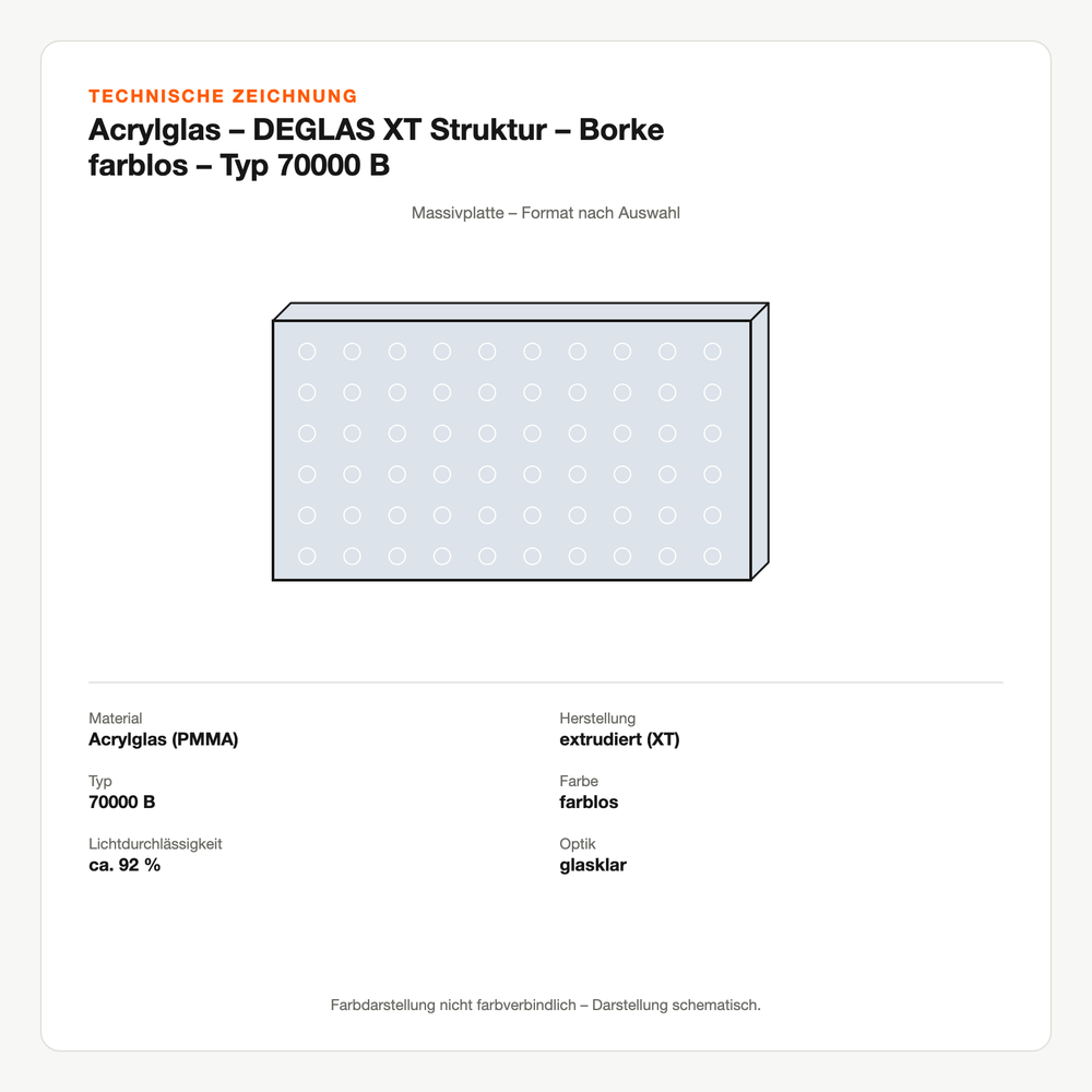 Technische Zeichnung: Acrylglas – DEGLAS® XT Struktur – Borke farblos – Typ 70000 B