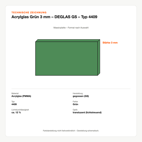 Technische Zeichnung: Acrylglas Grün 3 mm – DEGLAS® GS – Typ 4409