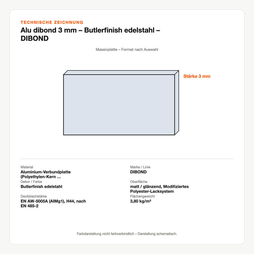 Technische Zeichnung: Alu dibond 3 mm – Butlerfinish edelstahl – DIBOND®