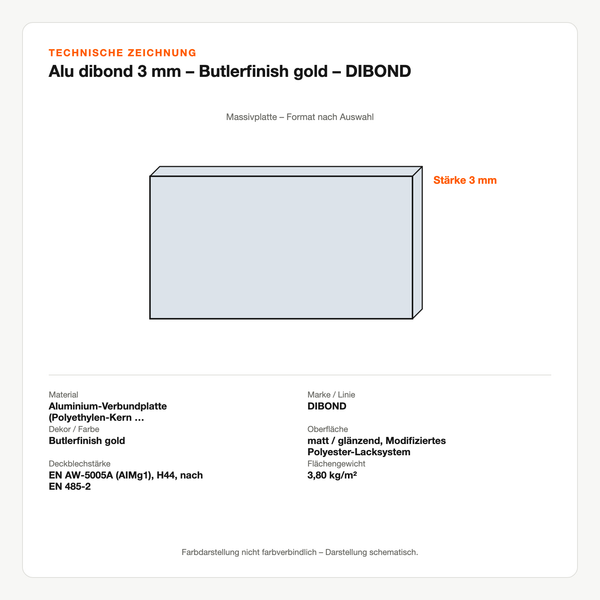 Technische Zeichnung: Alu dibond 3 mm – Butlerfinish gold – DIBOND®