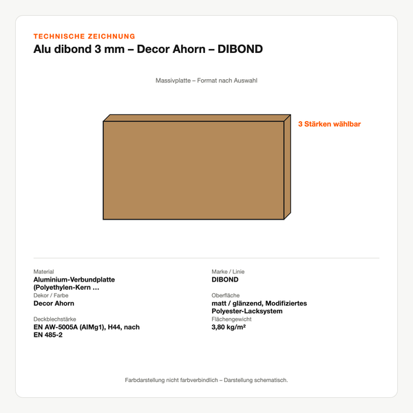 Technische Zeichnung: Alu dibond 3 mm – Decor Ahorn – DIBOND®