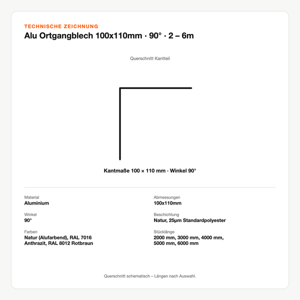 Technische Zeichnung: Alu Ortgangblech 100x110mm | 90° | 2 – 6m