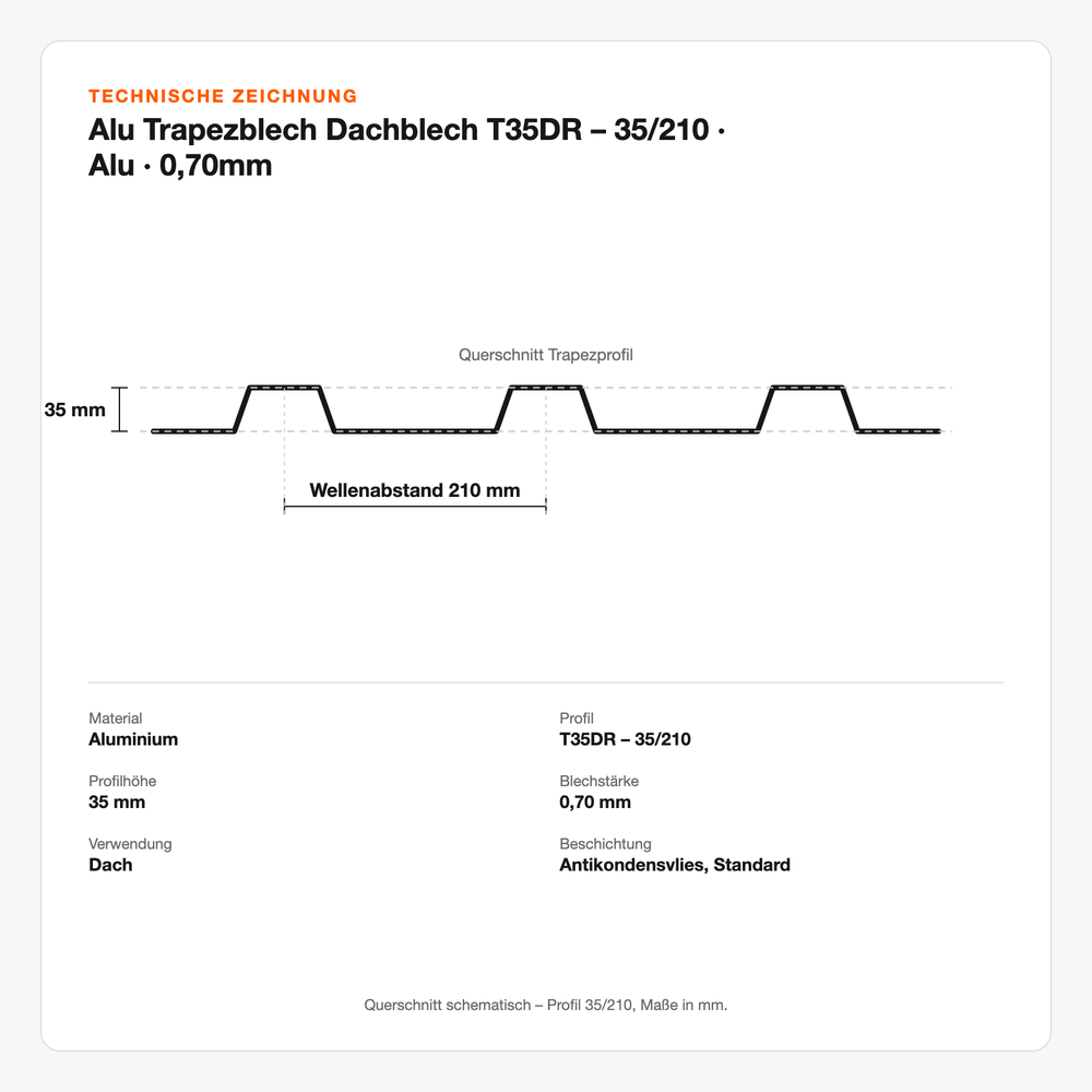 Technische Zeichnung: Alu Trapezblech Dachblech T35DR – 35/210 | Alu | 0,70mm