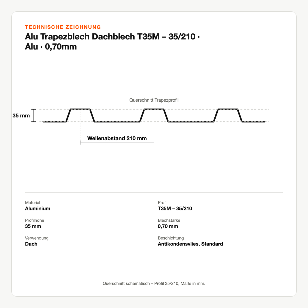 Technische Zeichnung: Alu Trapezblech Dachblech T35M – 35/210 | Alu | 0,70mm