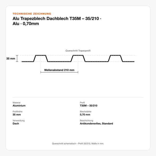 Technische Zeichnung: Alu Trapezblech Dachblech T35M – 35/210 | Alu | 0,70mm