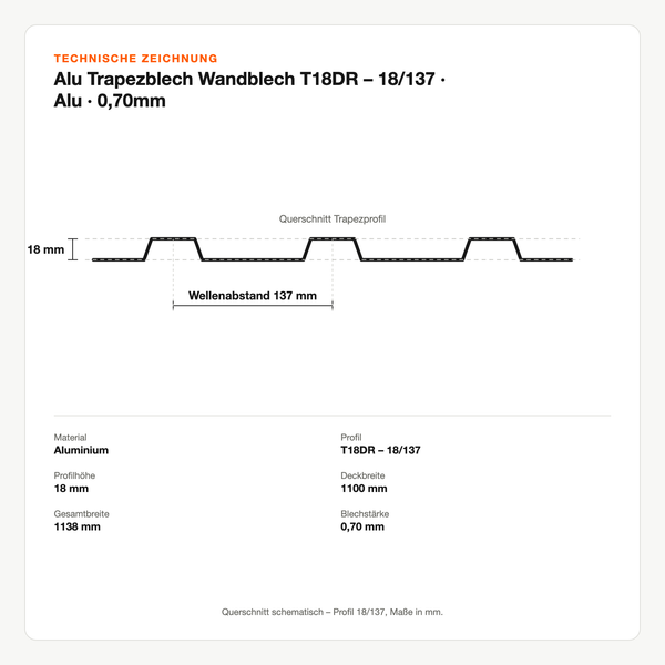 Technische Zeichnung: Alu Trapezblech Wandblech T18DR – 18/137 | Alu | 0,70mm