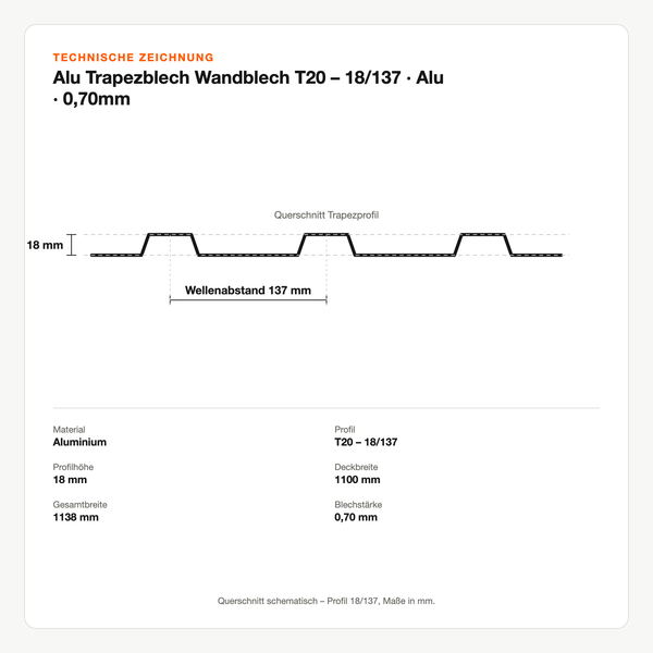 Technische Zeichnung: Alu Trapezblech Wandblech T20 – 18/137 | Alu | 0,70mm