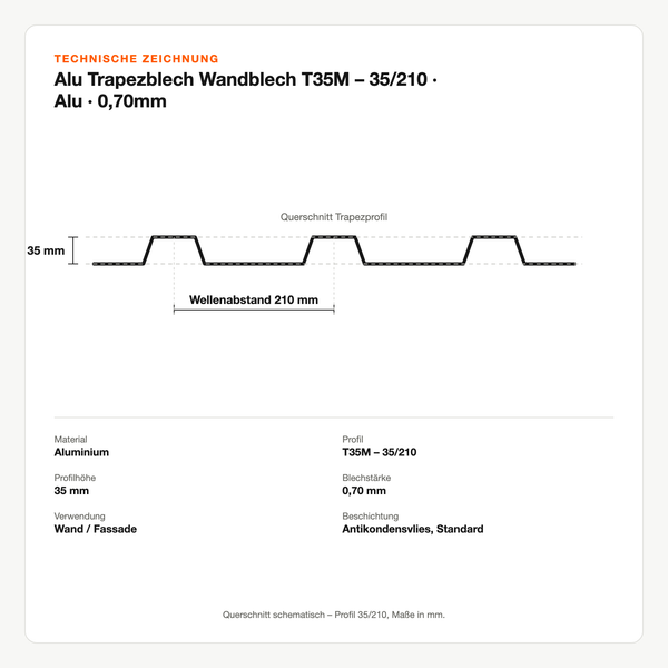 Technische Zeichnung: Alu Trapezblech Wandblech T35M – 35/210 | Alu | 0,70mm
