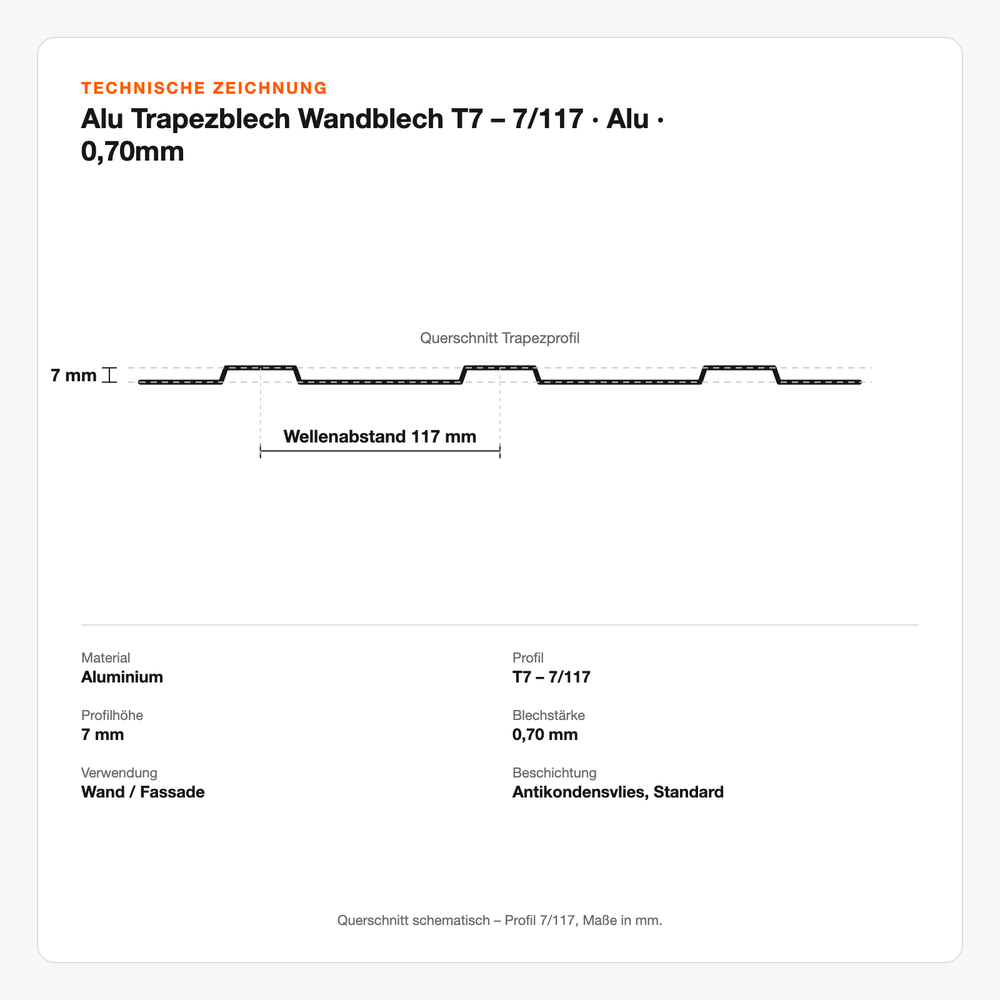 Technische Zeichnung: Alu Trapezblech Wandblech T7 – 7/117 | Alu | 0,70mm