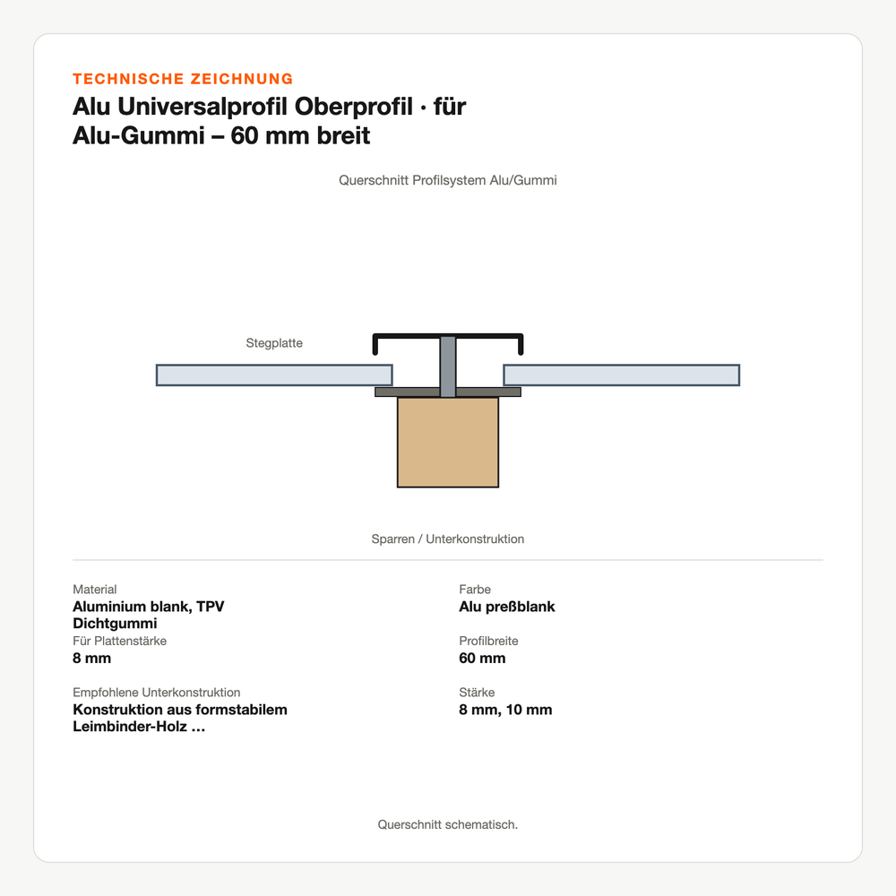 Technische Zeichnung: Alu Universalprofil Oberprofil | für Alu-Gummi – 60 mm breit