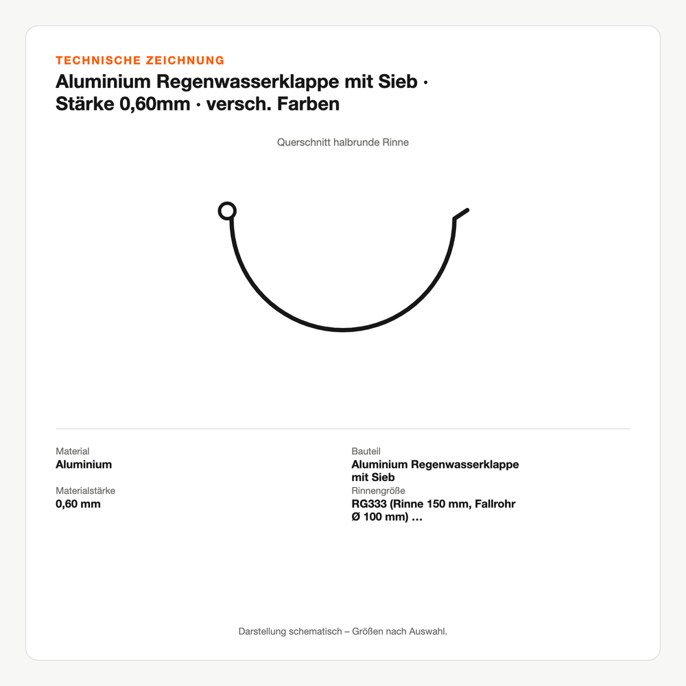 Technische Zeichnung: Aluminium Regenwasserklappe mit Sieb | Stärke 0,60mm | versch. Farben