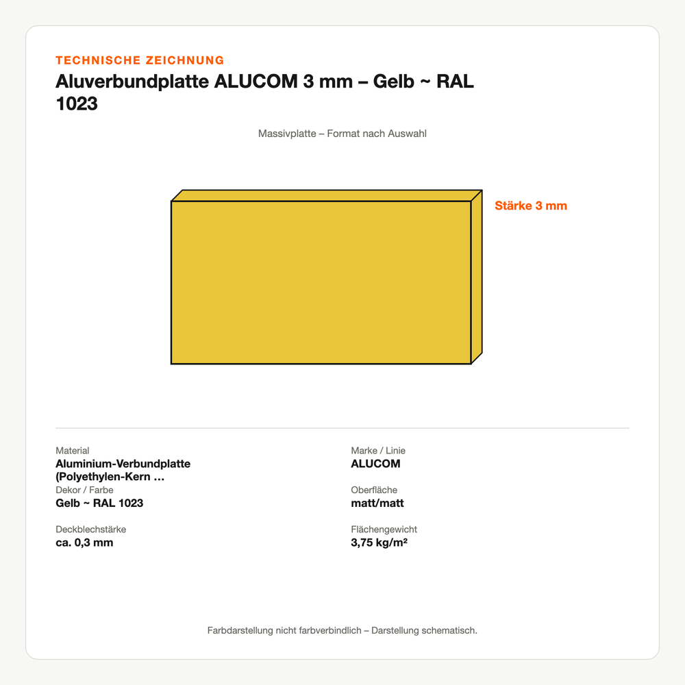 Technische Zeichnung: Aluverbundplatte ALUCOM® 3 mm – Gelb ~ RAL 1023