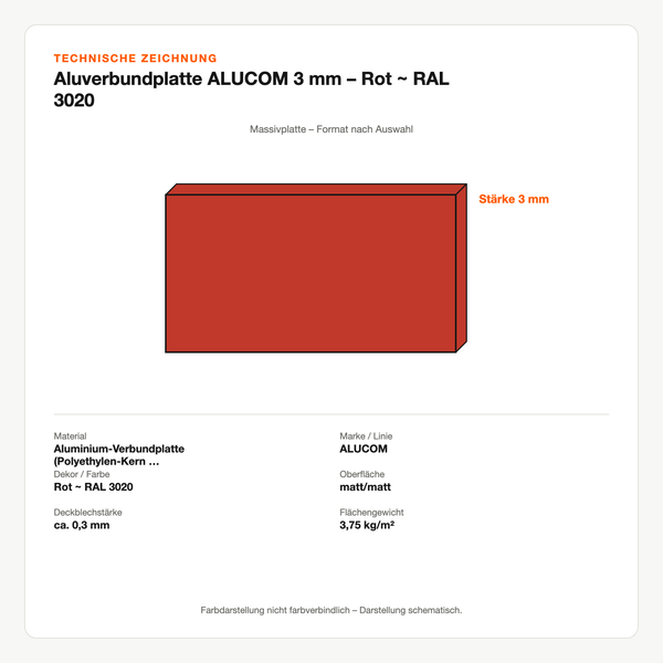 Technische Zeichnung: Aluverbundplatte ALUCOM® 3 mm – Rot ~ RAL 3020