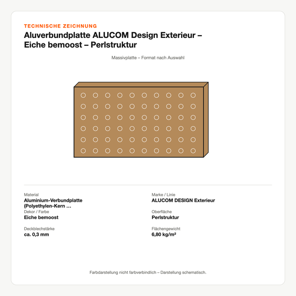 Technische Zeichnung: Aluverbundplatte ALUCOM® Design Exterieur – Eiche bemoost – Perlstruktur
