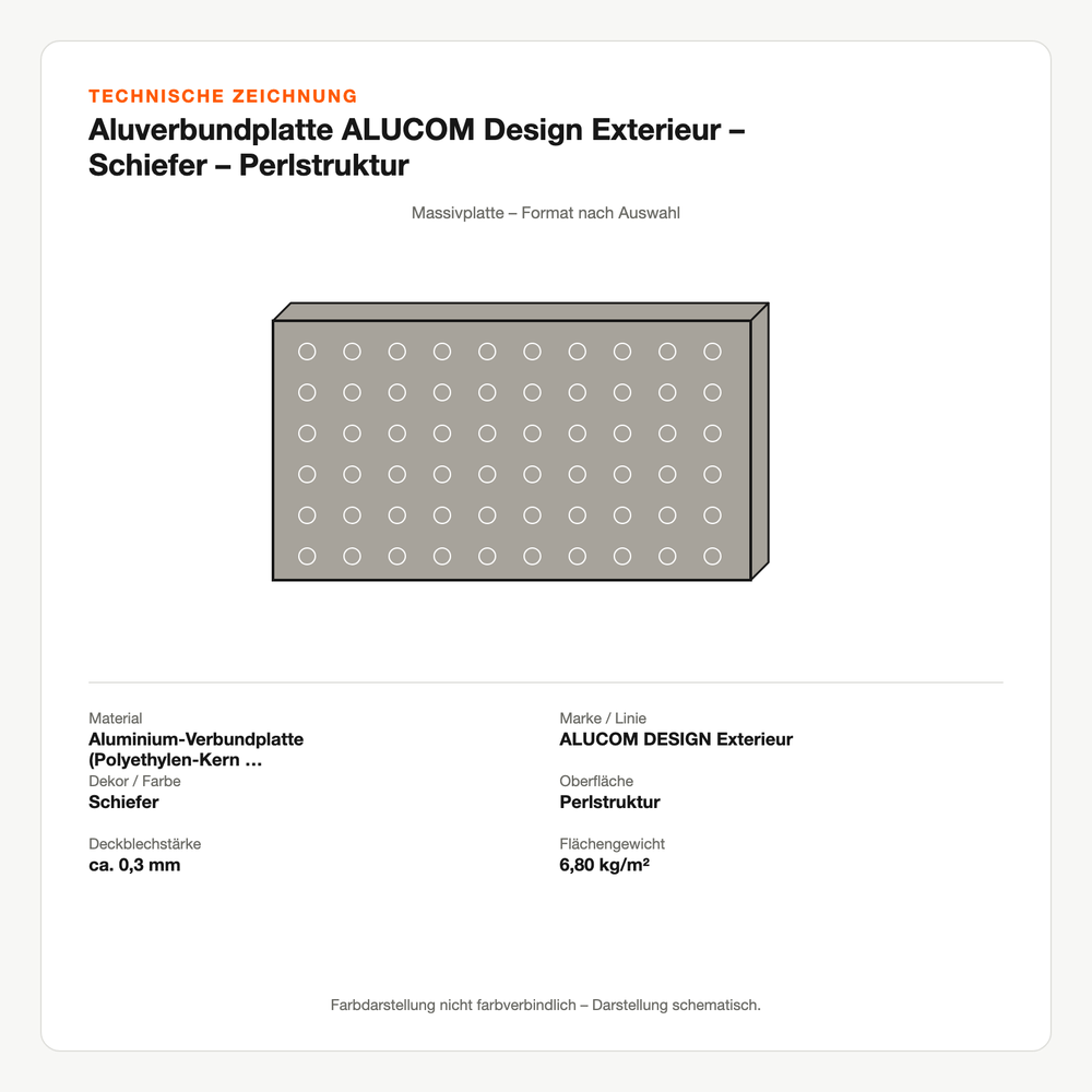 Technische Zeichnung: Aluverbundplatte ALUCOM® Design Exterieur – Schiefer – Perlstruktur