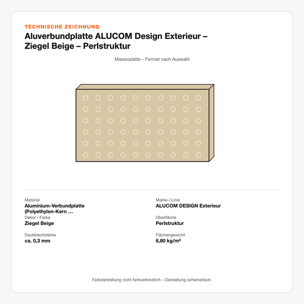 Technische Zeichnung: Aluverbundplatte ALUCOM® Design Exterieur – Ziegel Beige – Perlstruktur
