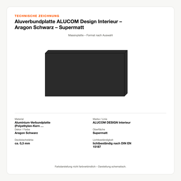 Technische Zeichnung: Aluverbundplatte ALUCOM® Design Interieur – Aragon Schwarz – Supermatt