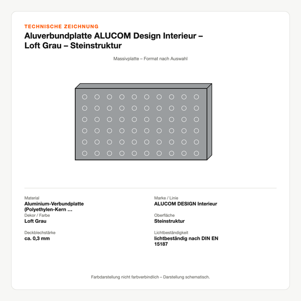 Technische Zeichnung: Aluverbundplatte ALUCOM® Design Interieur – Loft Grau – Steinstruktur