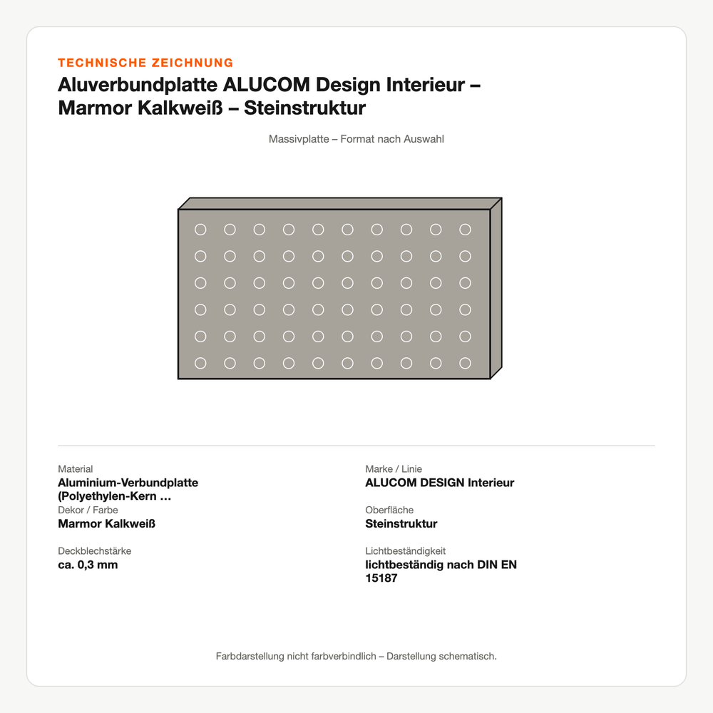 Technische Zeichnung: Aluverbundplatte ALUCOM® Design Interieur – Marmor Kalkweiß – Steinstruktur
