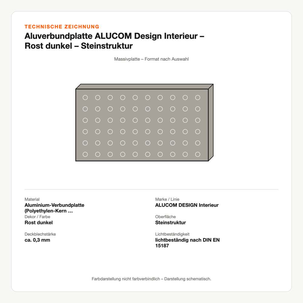 Technische Zeichnung: Aluverbundplatte ALUCOM® Design Interieur – Rost dunkel – Steinstruktur