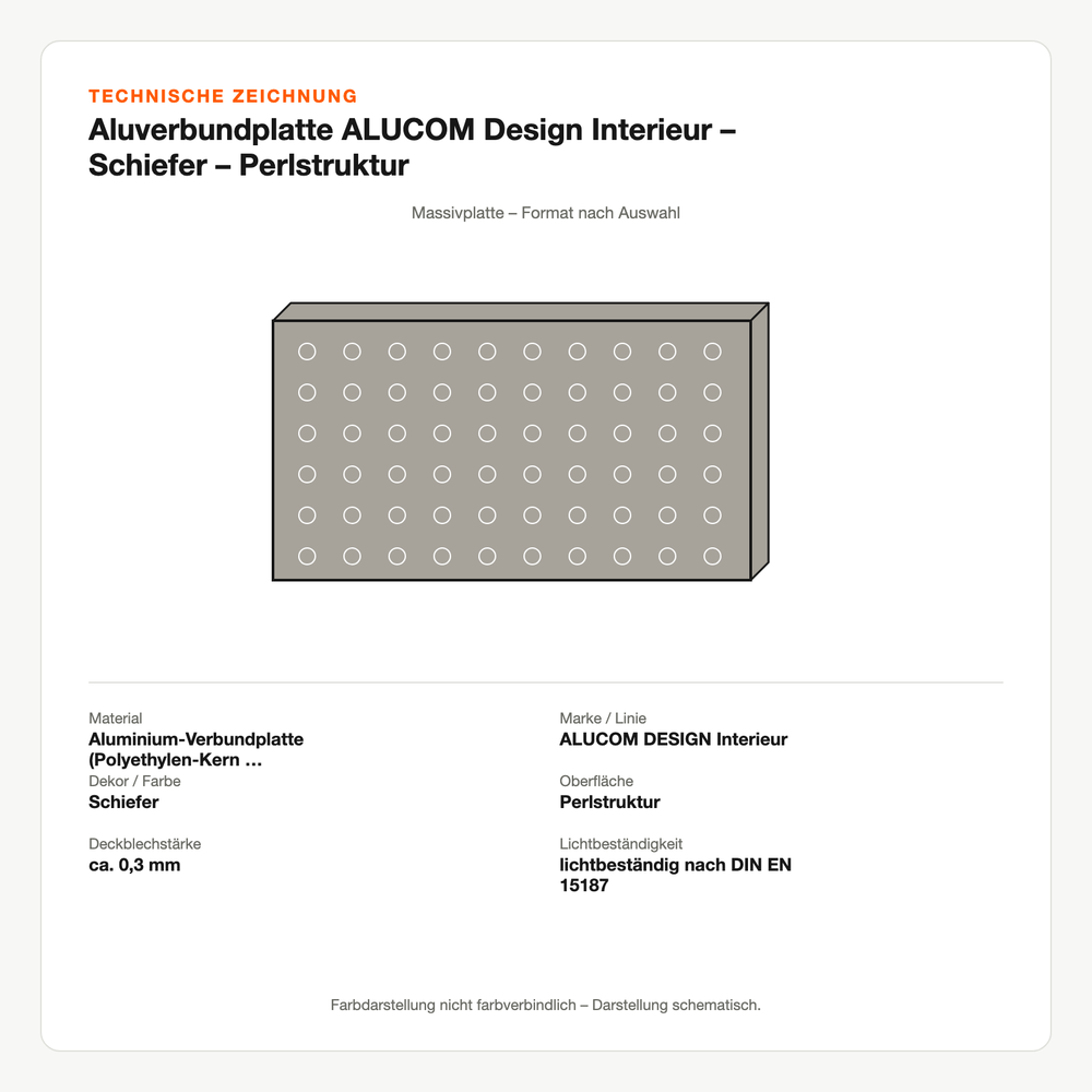 Technische Zeichnung: Aluverbundplatte ALUCOM® Design Interieur – Schiefer – Perlstruktur