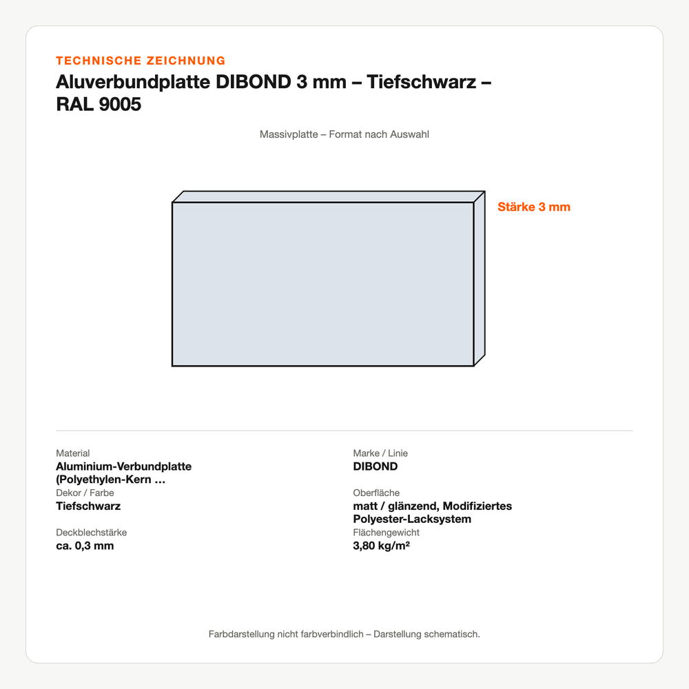 Technische Zeichnung: Aluverbundplatte DIBOND® 3 mm – Tiefschwarz – RAL 9005