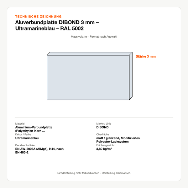 Technische Zeichnung: Aluverbundplatte DIBOND® 3 mm – Ultramarineblau – RAL 5002