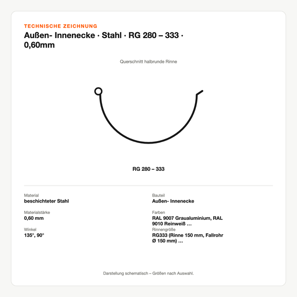 Technische Zeichnung: Außen- Innenecke | Stahl | RG 280 – 333 | 0,60mm