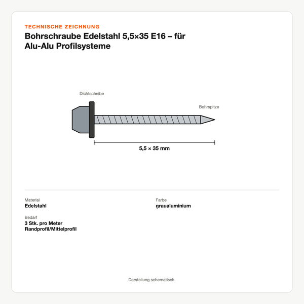Technische Zeichnung: Bohrschraube Edelstahl 5,5×35 E16 – für Alu-Alu Profilsysteme