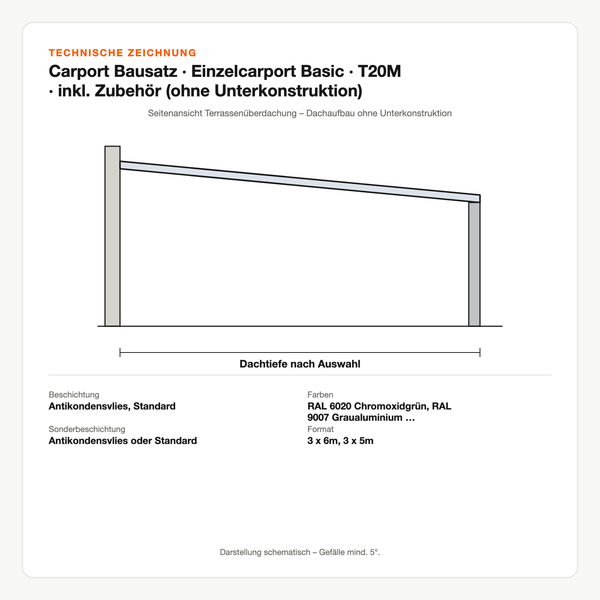 Technische Zeichnung: Carport Bausatz | Einzelcarport Basic | T20M | inkl. Zubehör (ohne Unterkonstruktion)