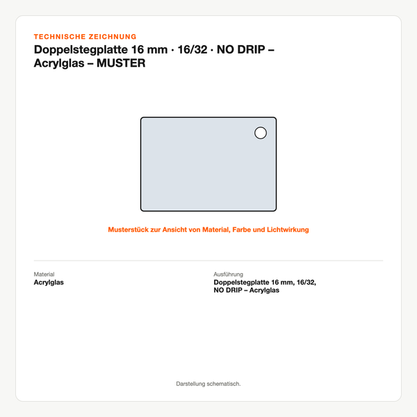Technische Zeichnung: Doppelstegplatte 16 mm | 16/32 | NO DRIP – Acrylglas – MUSTER