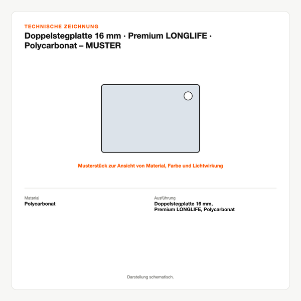 Technische Zeichnung: Doppelstegplatte 16 mm | Premium LONGLIFE | Polycarbonat – MUSTER