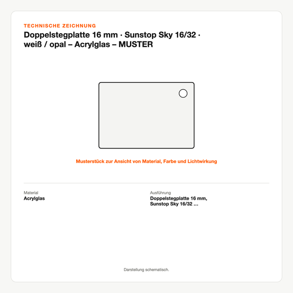Technische Zeichnung: Doppelstegplatte 16 mm | Sunstop Sky 16/32 | weiß / opal – Acrylglas – MUSTER