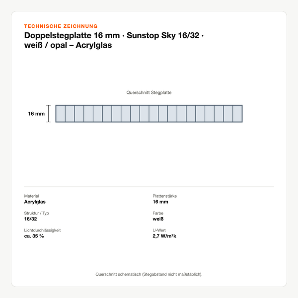 Technische Zeichnung: Doppelstegplatte 16 mm | Sunstop Sky 16/32 | weiß / opal – Acrylglas